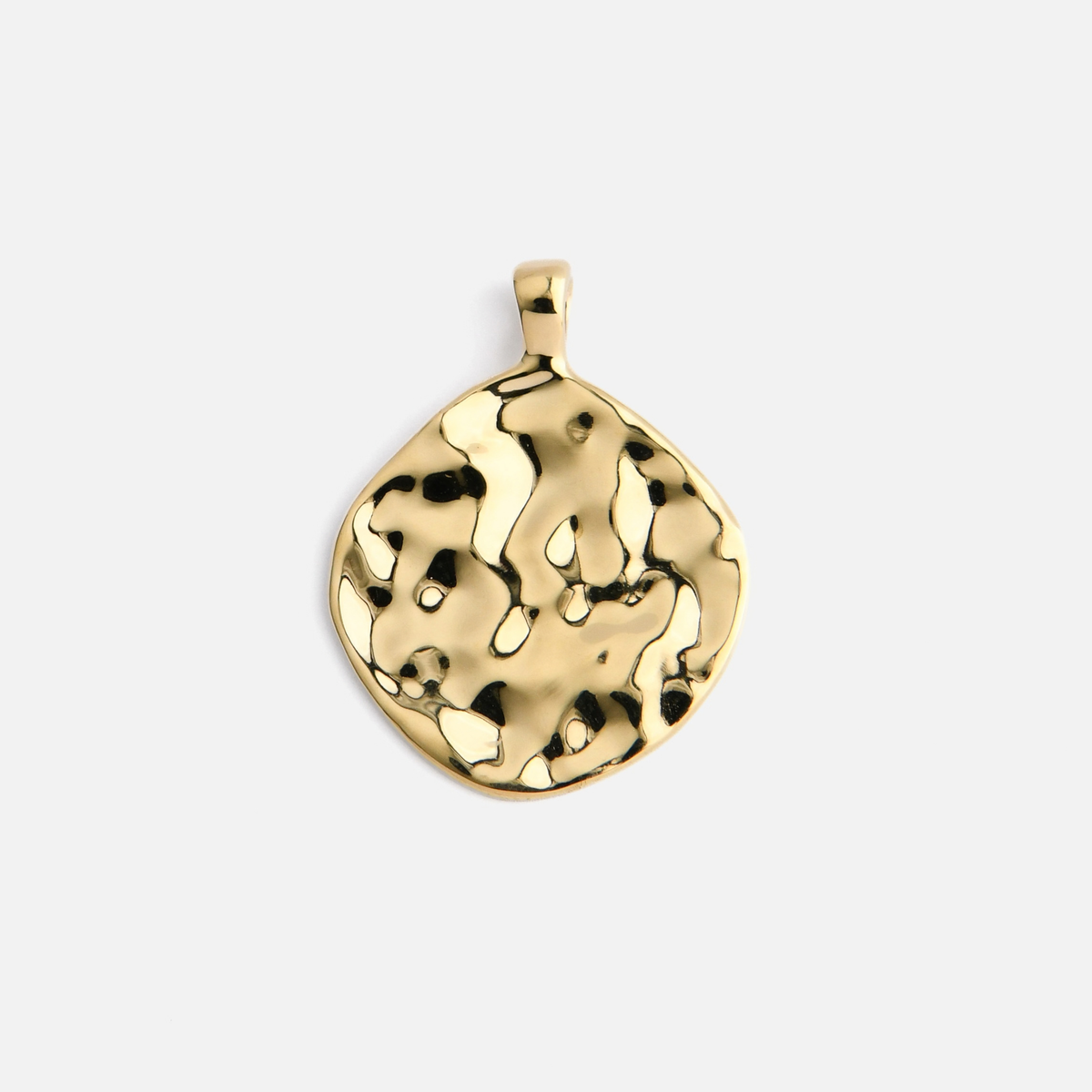 Vea, an irregularly rounded pendant in warm, golden-yellow brass, with a hammered surface creating an uneven, dappled pattern of light and shadow.