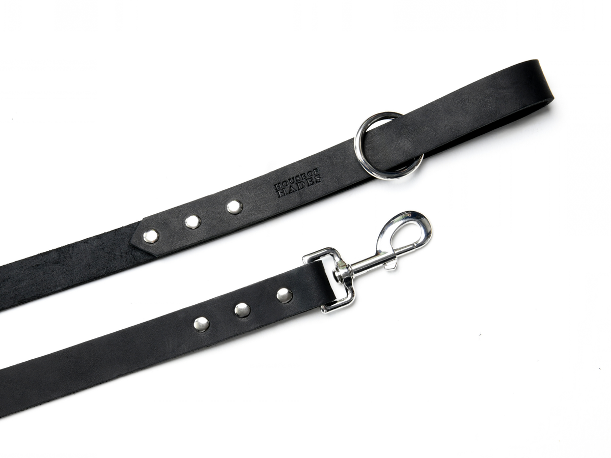 Black cowhide leather dog lead with cool silver-colour zinc alloy hardware, shown laid out to display the loop handle with a metal ring and trigger clip. Three metal studs secure each end, with a House of Hades stamp near the handle.