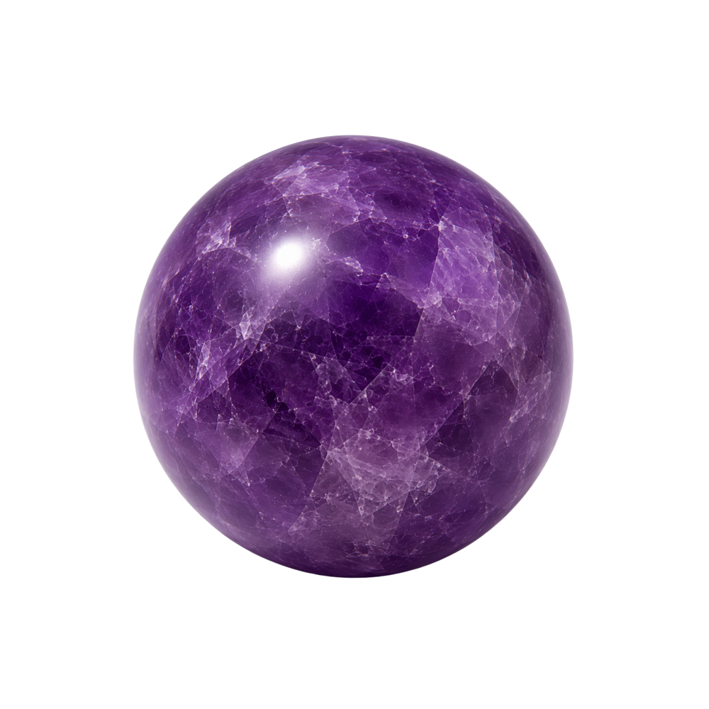 A polished orb of amethyst, rich royal purple with translucent lilac clouds and delicate, crystalline veining within.