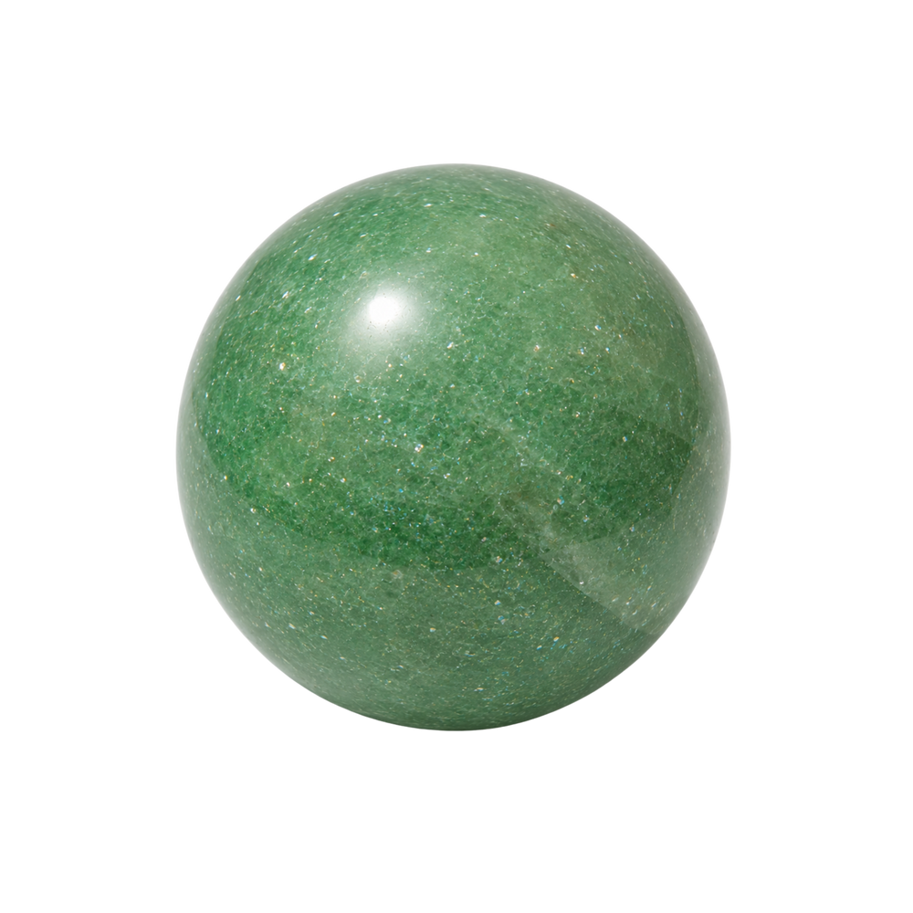 A polished orb of aventurine, soft mineral green with a finely mottled appearance, scattered throughout with tiny flecks that glimmer in the light.