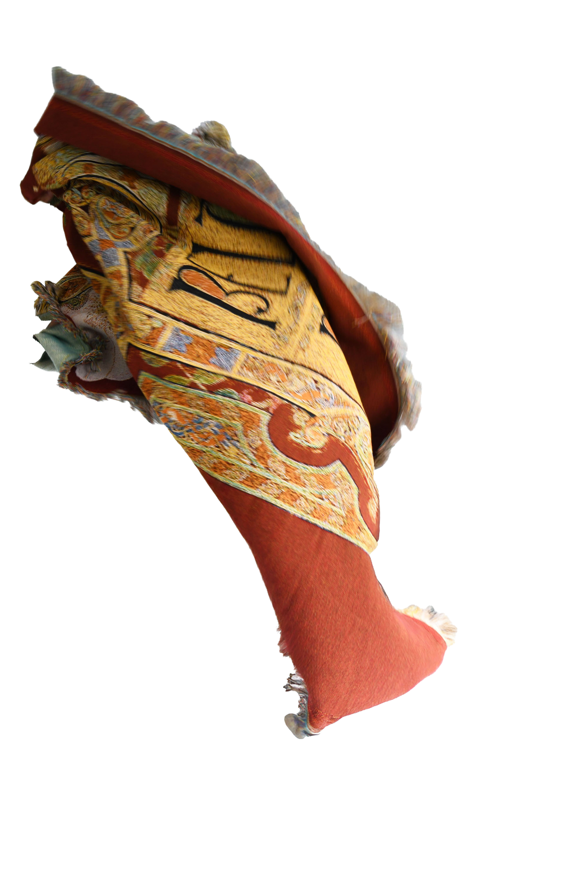 Beloved Beast red woven cotton throw twisting through the air, revealing its richly illustrated pattern and multicoloured fringed edges.