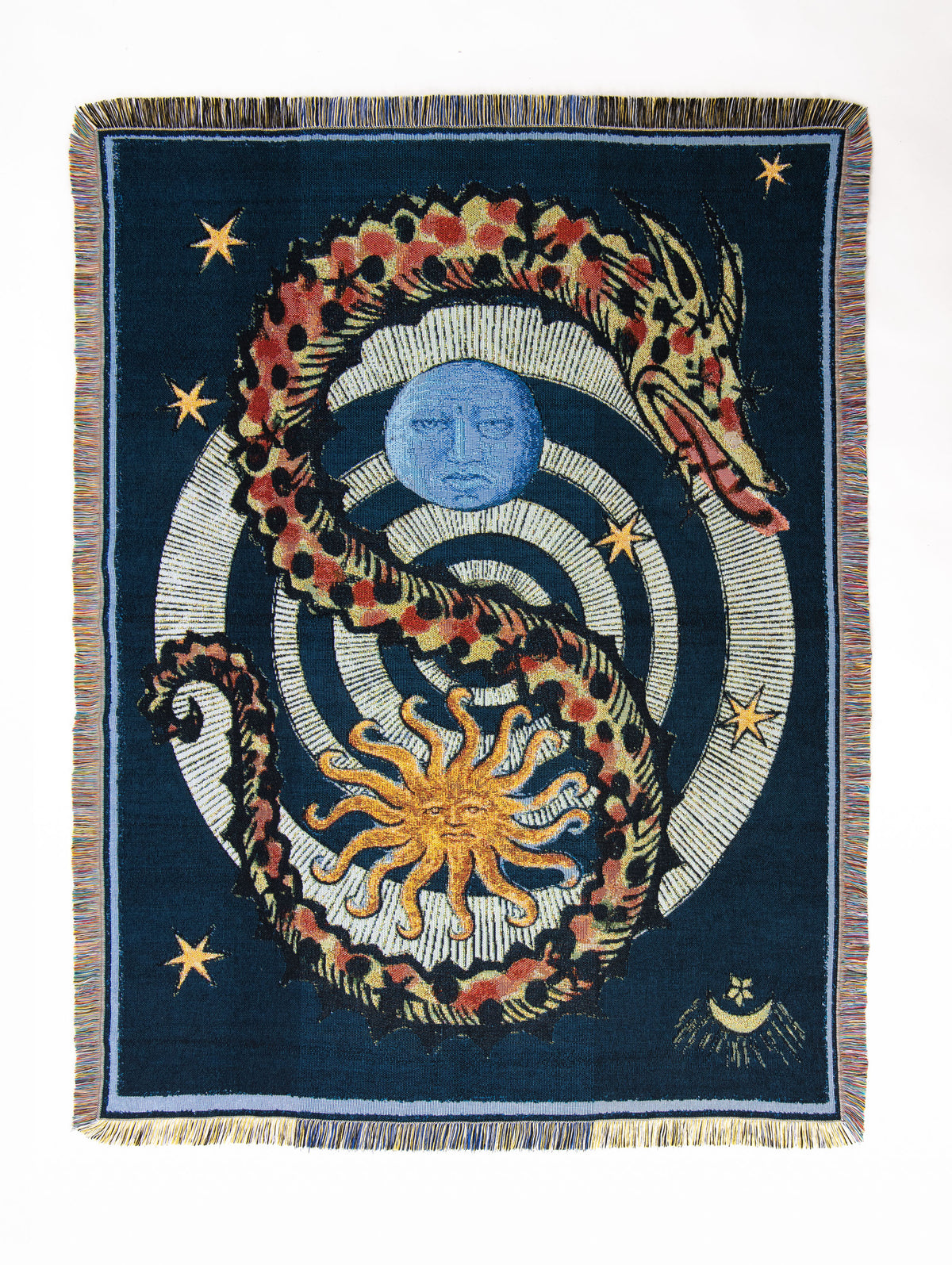 Liminal Creatures woven throw in deep midnight blue, with a coiling red, pale green and black dragon circling a pale bird’s-eye spiral. A solemn blue moon and radiant golden sun sit within the spiral, surrounded by small gold stars and celestial motifs.