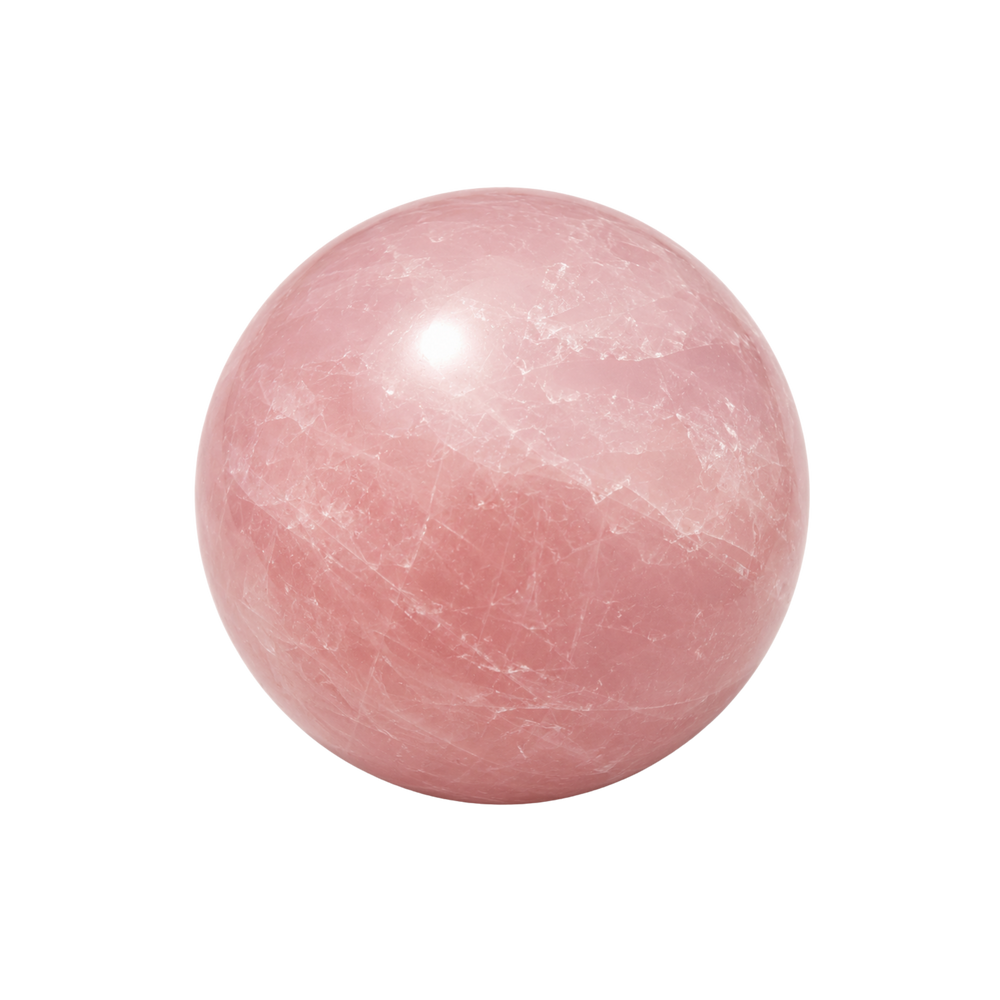 A polished orb of translucent, blanched blush-pink rose quartz with a soft, cloudy appearance and fine pale veining within.