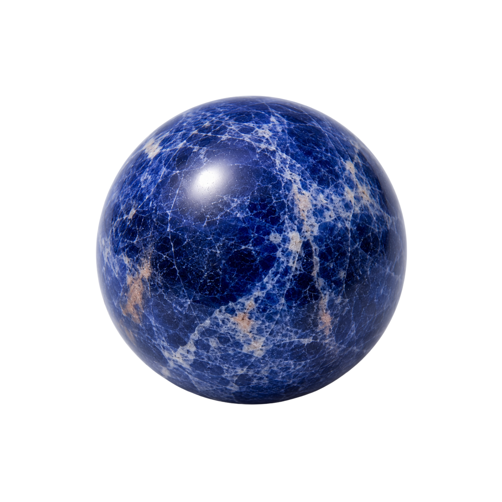 A polished orb of sodalite, ranging from deep midnight to brighter blue, broken by irregular puddles and veins of white, with unpredictable tiny biscuit-coloured patches.