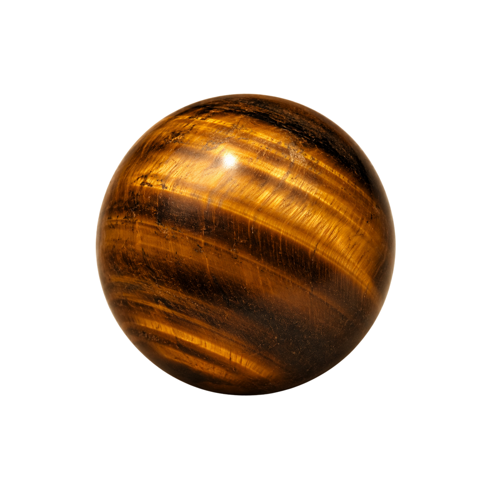 A polished orb of Tiger’s Eye, striped with rich golden amber and deep brown, its almost-metallic bands catching and shifting with the light.