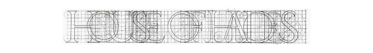 Early hand-drawn lettering studies for HOUSE OF HADES layered across gridded paper, a tangle of circles, guides and construction lines forming the name.
