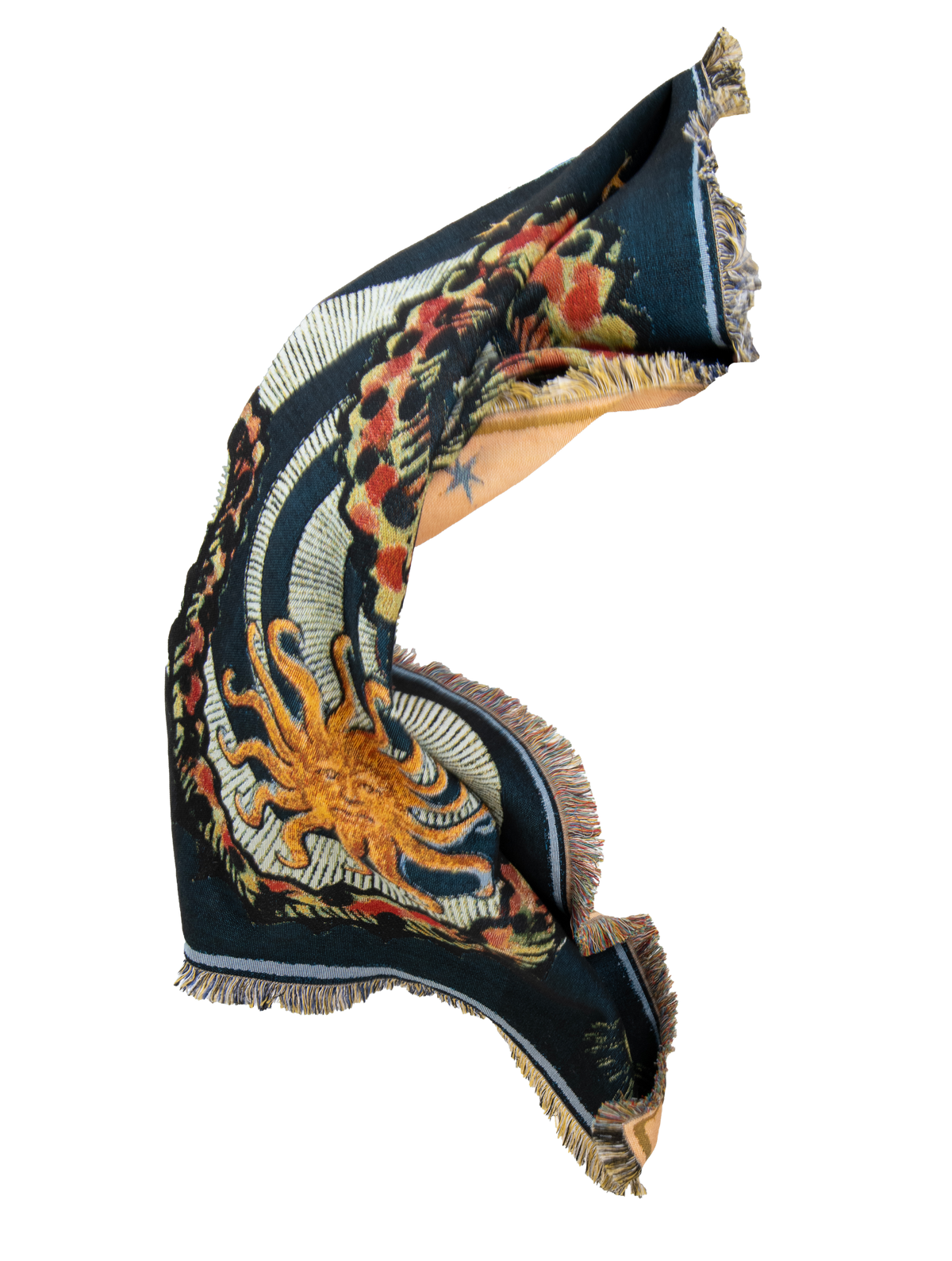 Liminal Creatures blue woven cotton throw twisting through the air, revealing its golden sun motif, illustrated pattern and fringed edges.